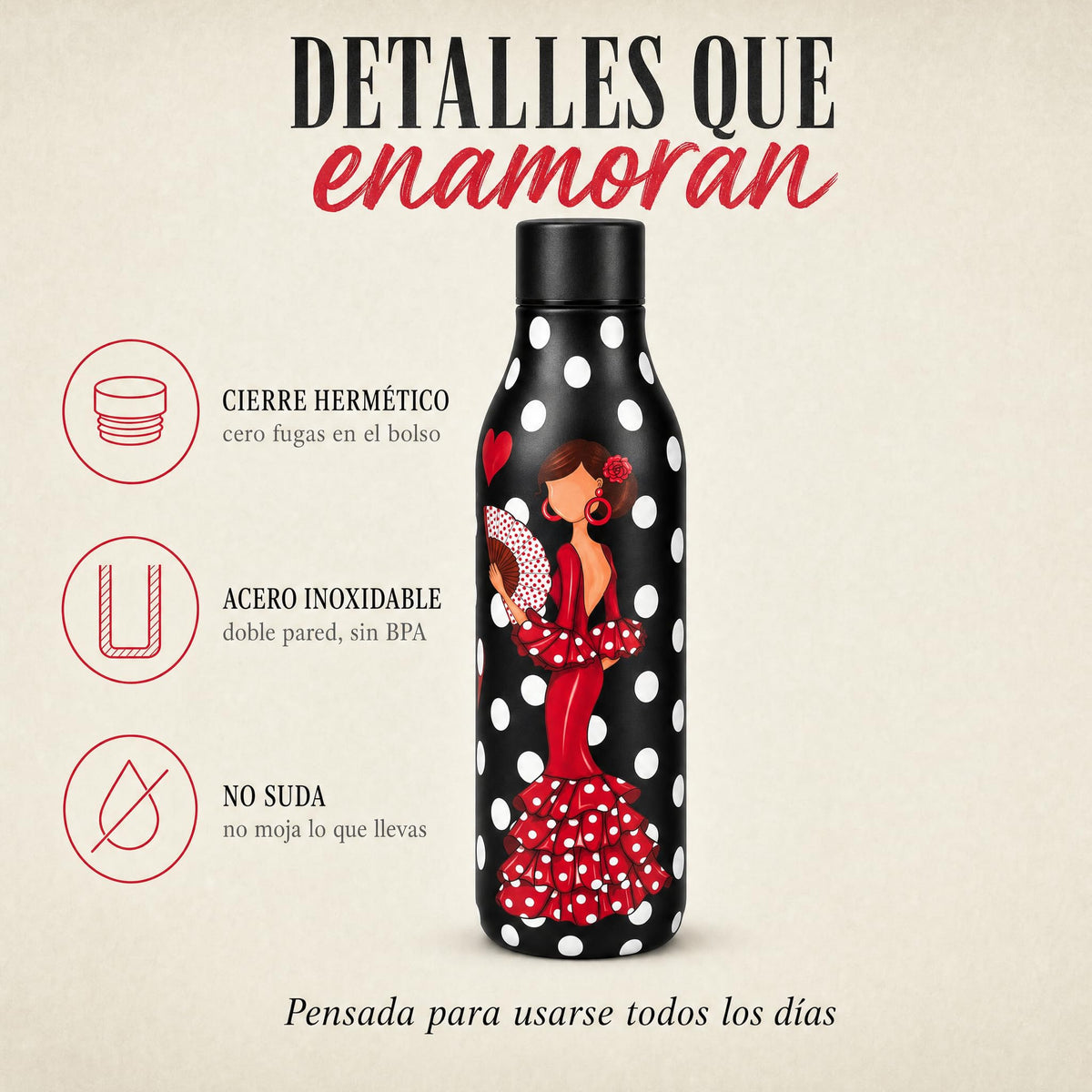 Botella térmica flamenca illustrArte 500 ml – diseño Pepa – detalles: tapón hermético y acero inoxidable