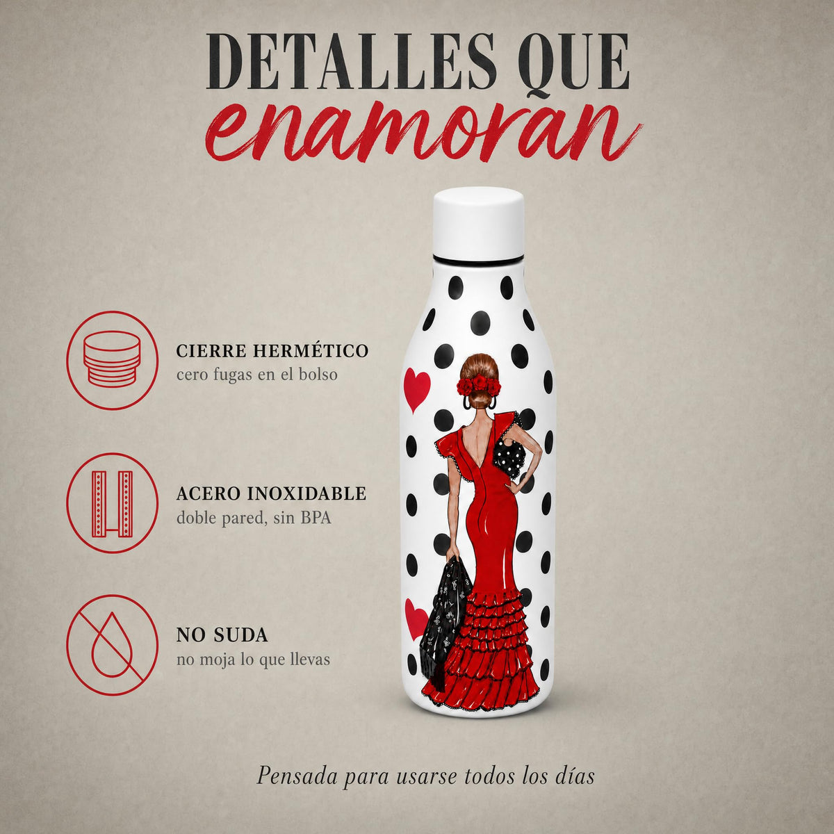 Botella térmica flamenca illustrArte 500 ml – diseño Manuela – detalles: tapón hermético y acero inoxidable