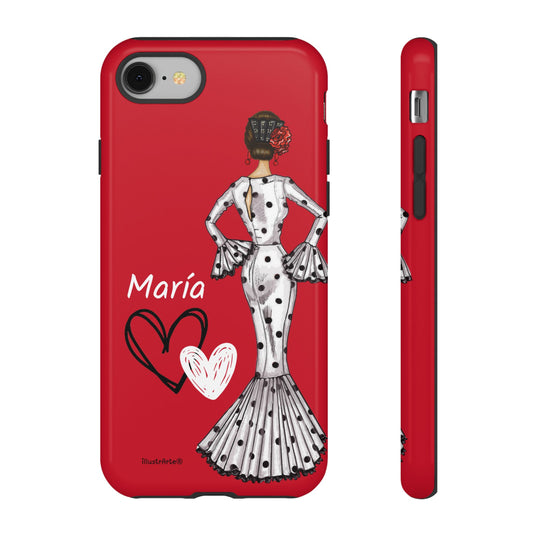 Funda de teléfono personalizable con nombre/bandera/Virgen - Modelo María blanco con fondo rojo y corazones en estudio sobre fondo blanco.