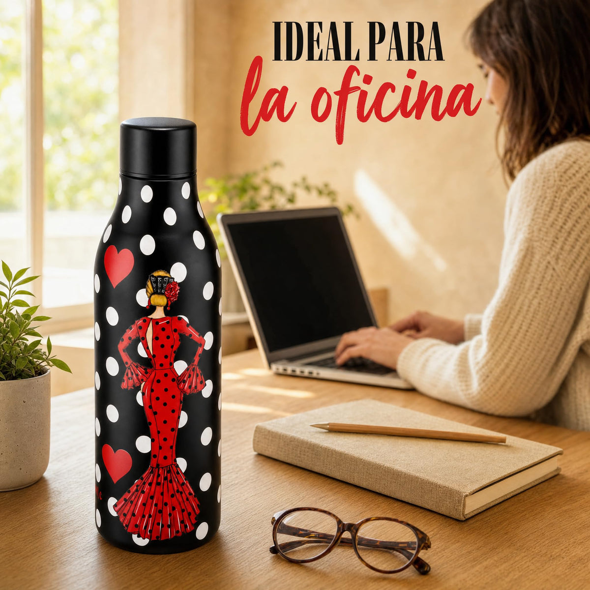 Botella térmica flamenca illustrArte 500 ml – diseño María Rojo – en la oficina