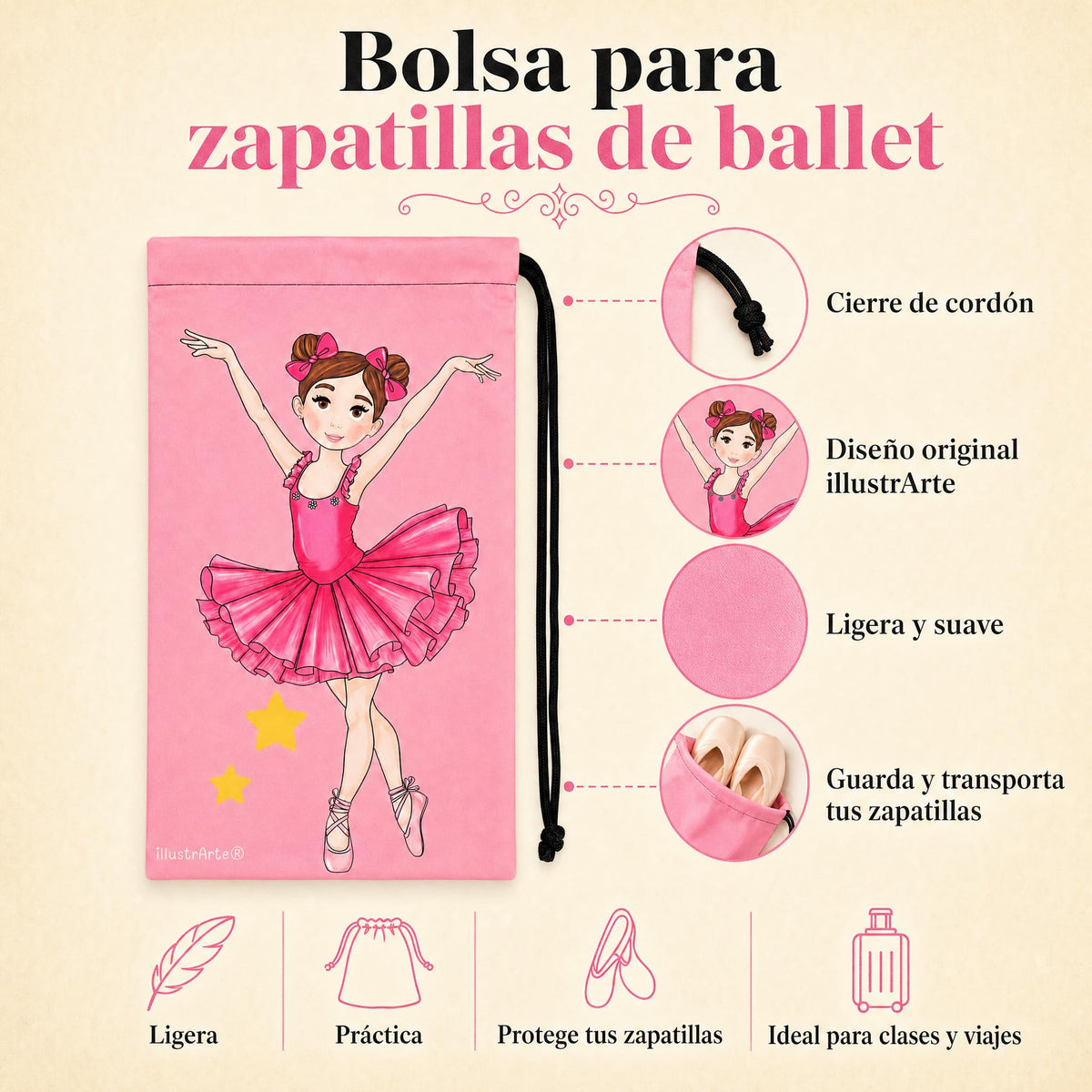 Bolsa para zapatillas de ballet illustrArte 20 x 36 cm – diseño Marina – vista 3