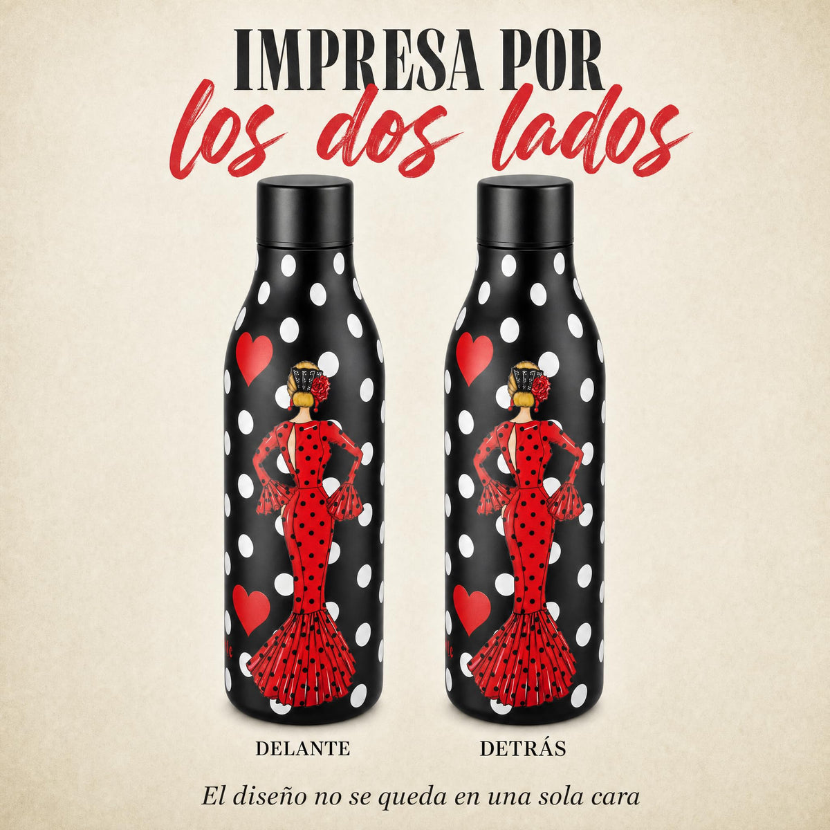 Botella térmica flamenca illustrArte 500 ml – diseño María Rojo – ilustración impresa por las dos caras