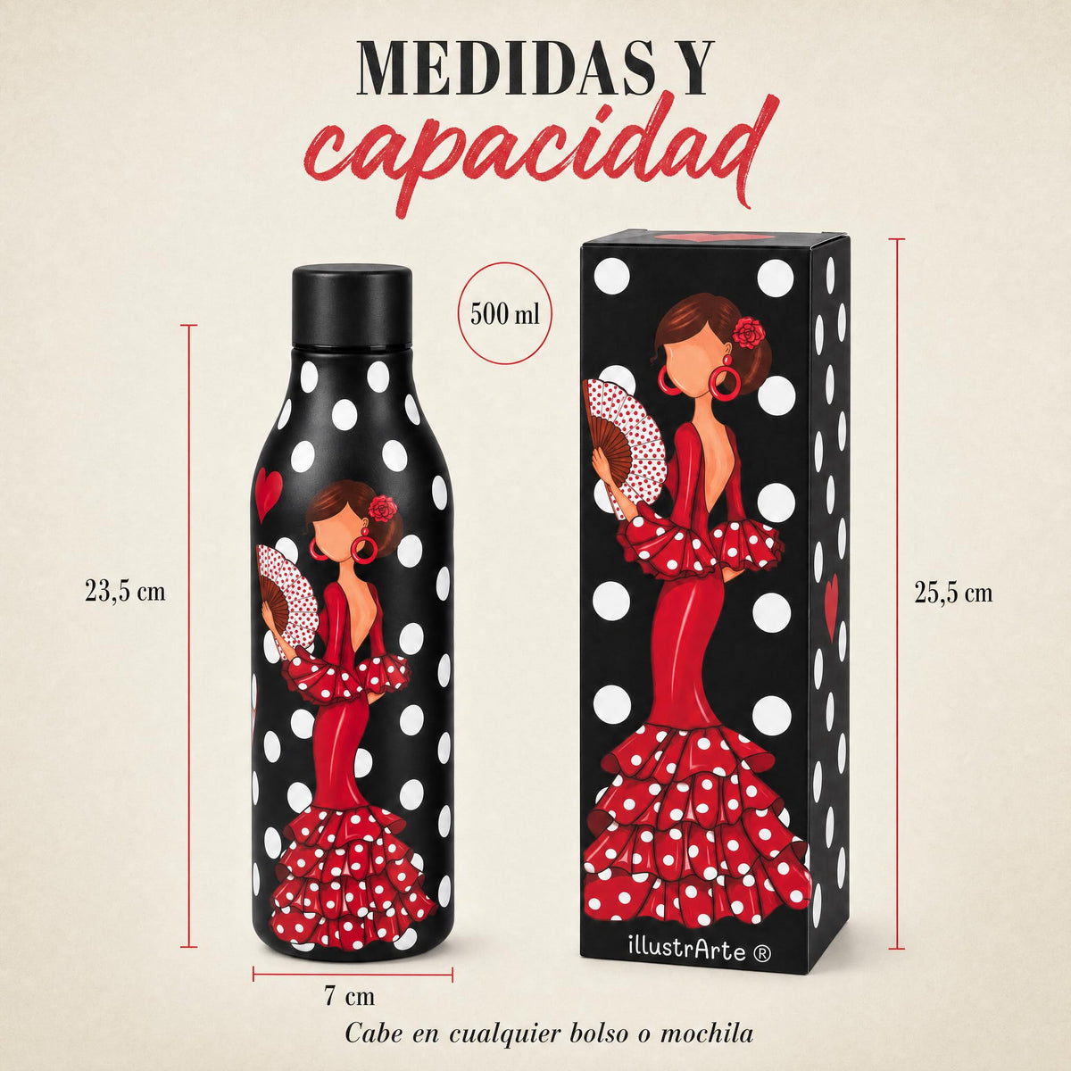 Botella térmica flamenca illustrArte 500 ml – diseño Pepa – medidas y capacidad de 500 ml