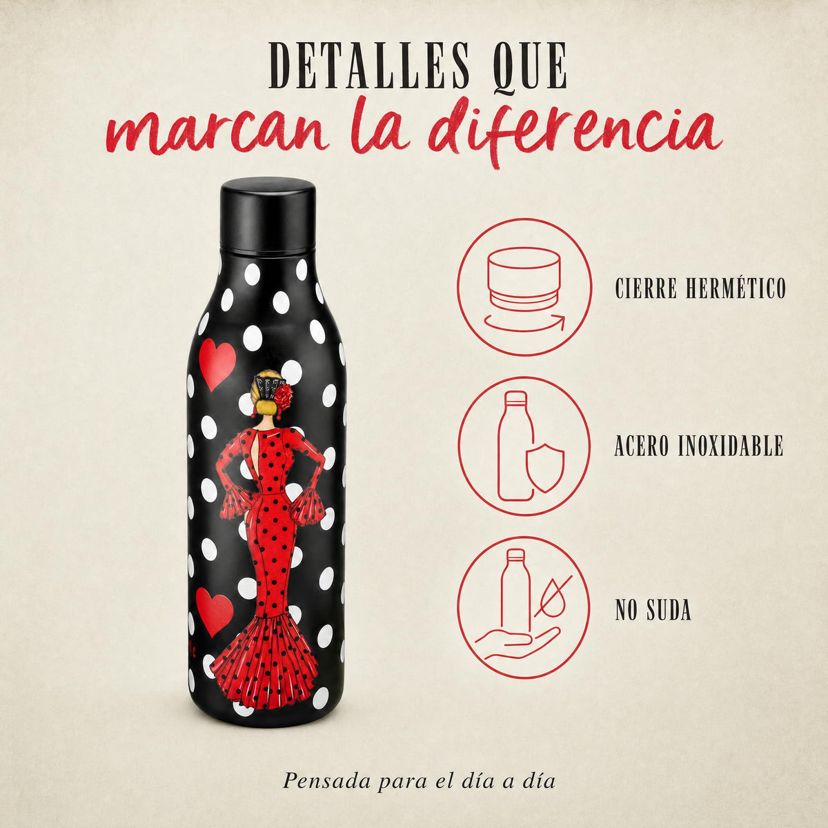 Botella térmica flamenca illustrArte 500 ml – diseño María Rojo – detalles: tapón hermético y acero inoxidable