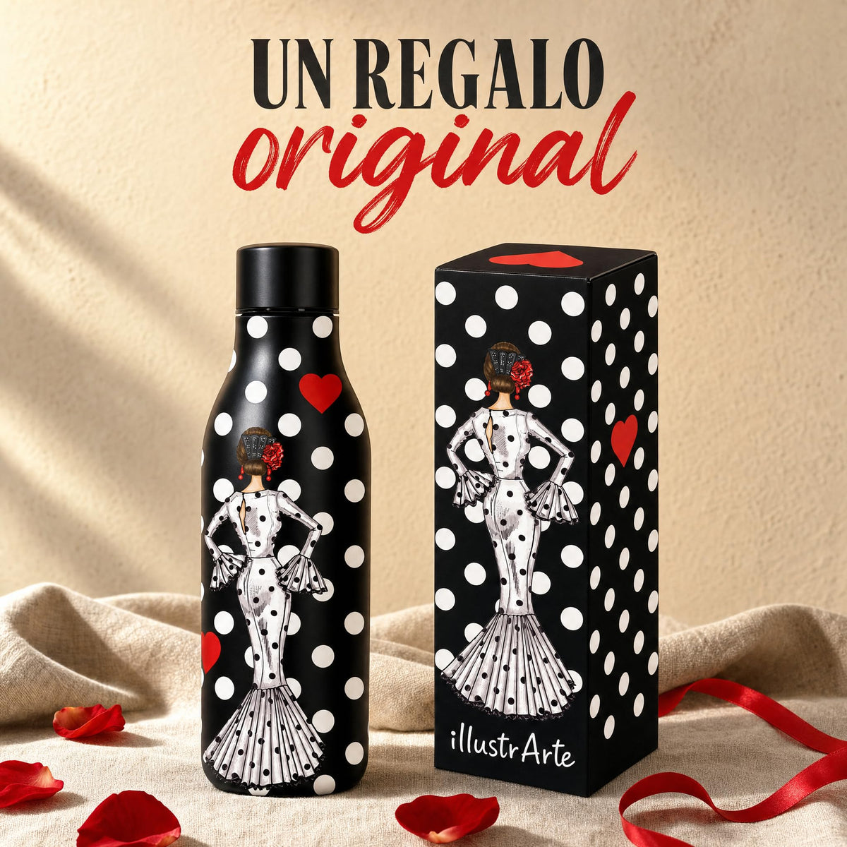 Botella térmica flamenca illustrArte 500 ml – diseño María Blanco, fondo negro – un regalo original con su caja