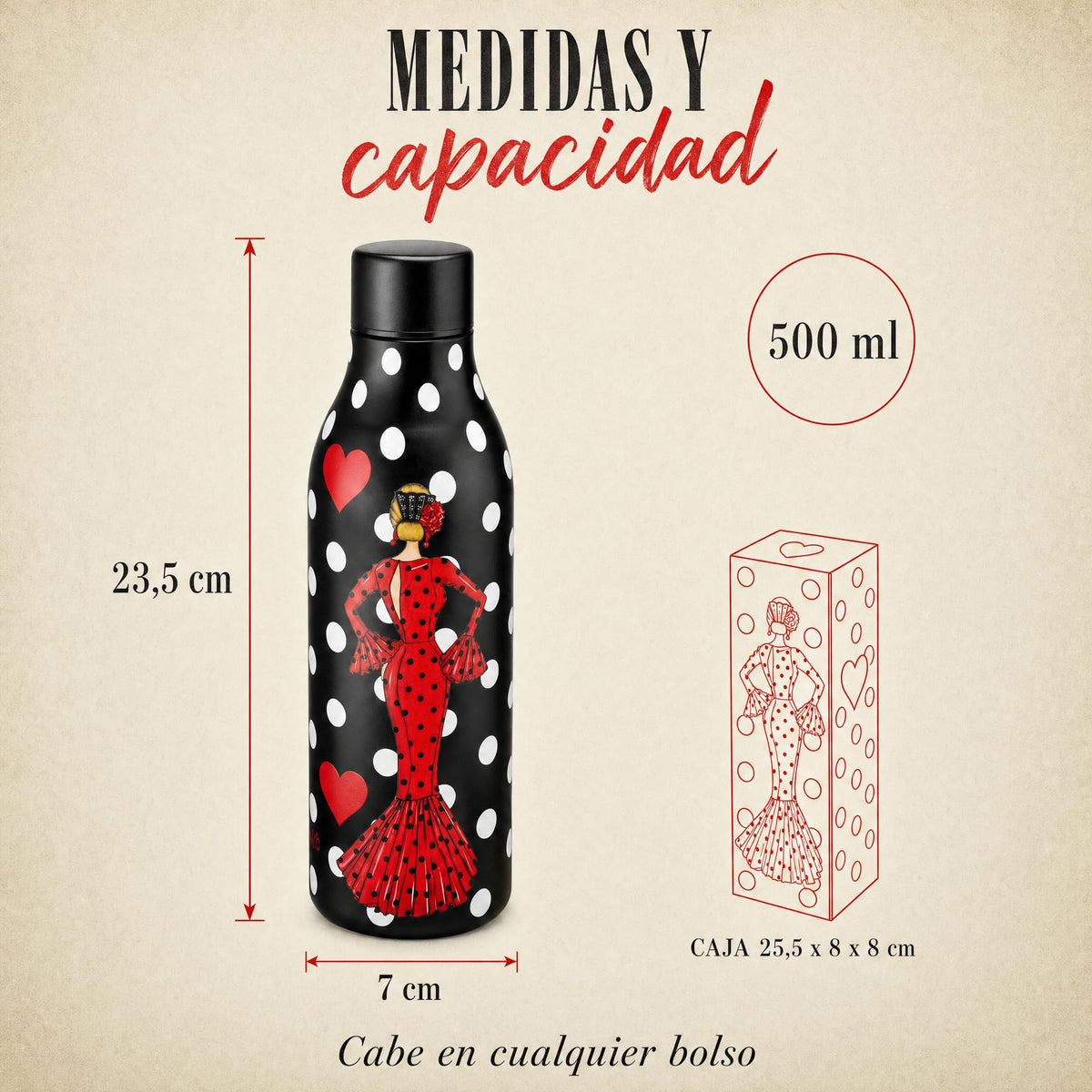 Botella térmica flamenca illustrArte 500 ml – diseño María Rojo – medidas y capacidad de 500 ml