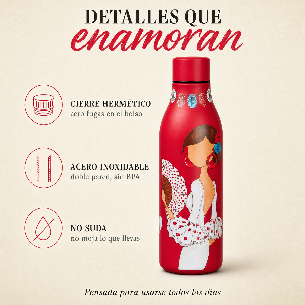 Botella térmica flamenca illustrArte 500 ml – diseño Pepa Feliz – detalles: tapón hermético y acero inoxidable