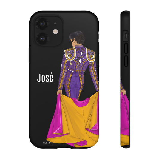 Funda de teléfono personalizable con nombre/bandera/Virgen - Modelo Torero José, exhibiendo detalles artísticos inspirados en la cultura española.