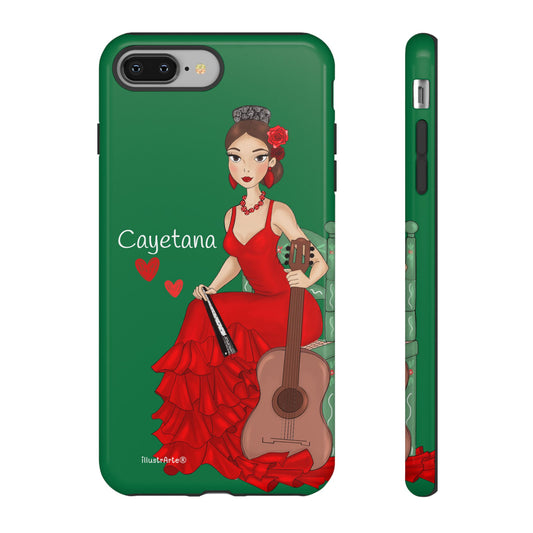 Funda para iPhone con diseño de Cayetana, una flamenca con vestido rojo y guitarra, sobre fondo verde brindando un toque moderno y personalizable. Vendor: Printify.