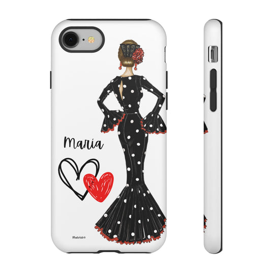 Primer plano de la funda de teléfono personalizable con el diseño de Virgen y flamenca María en vestido negro, ideal para agregar un toque personal.