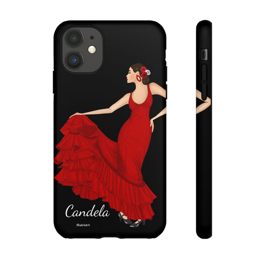 Vista lateral de la funda de teléfono personalizable para iPhone, Samsung Galaxy y Google Pixel, con fondo negro y flamenca Candela.