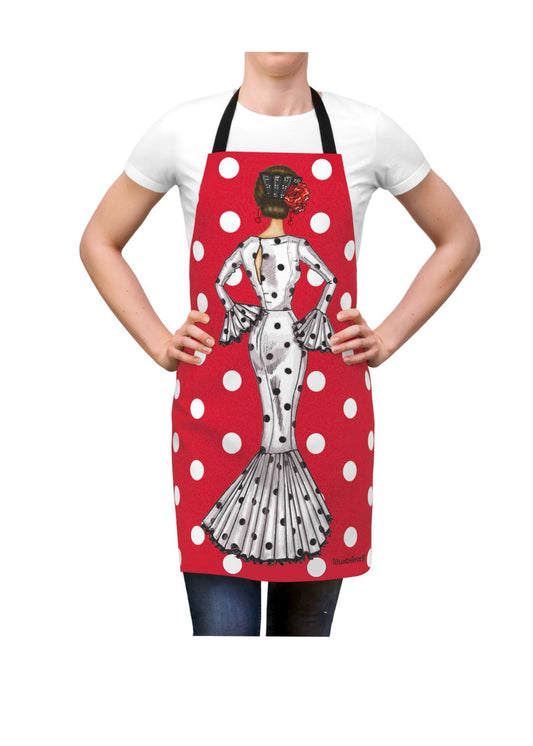 Delantal Flamenco Negro - Maria blanco con fondo rojo, con diseño vibrante de lunares y figura femenina en un vestido de flamenco, ideal para disfrutar de la cocina con estilo.