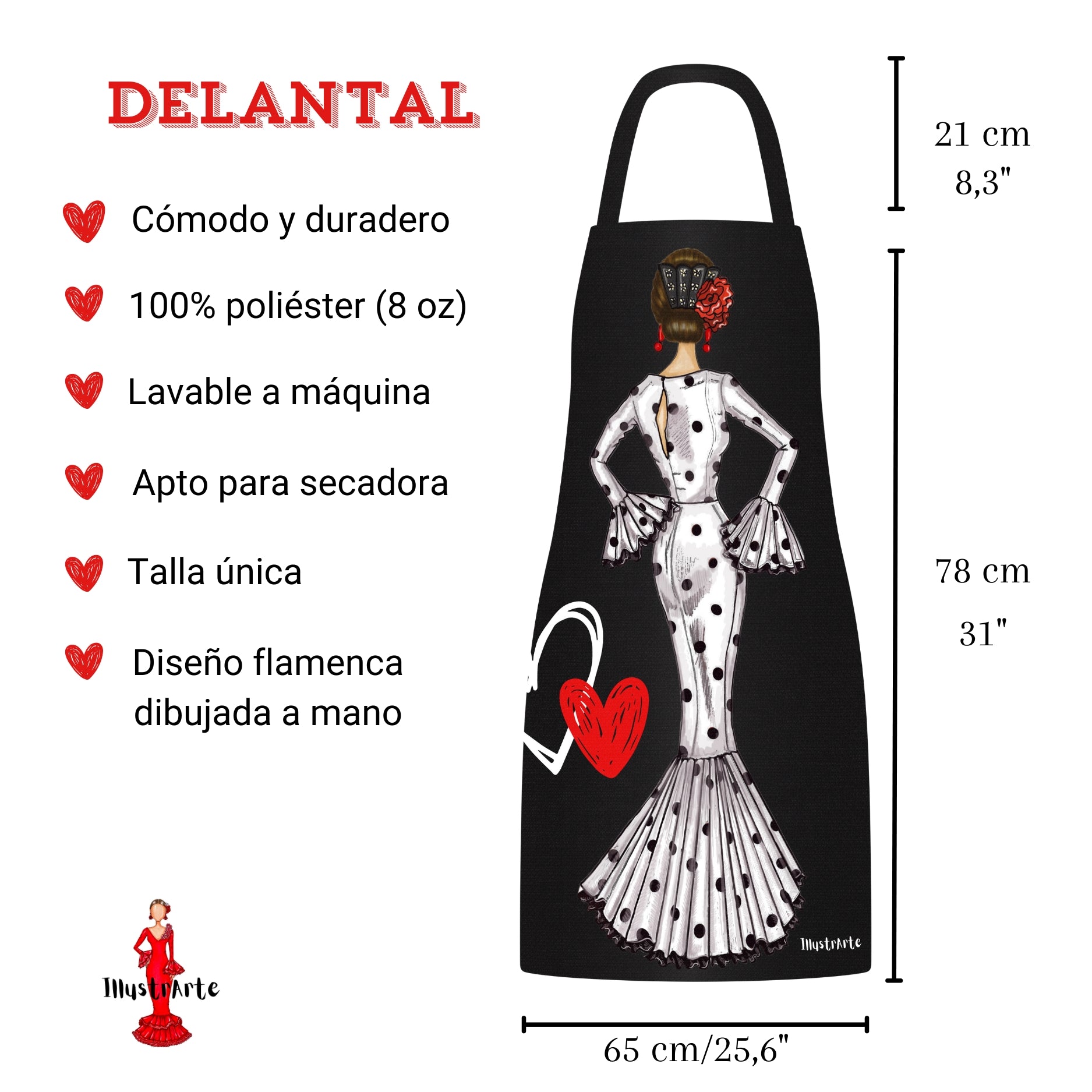 a black and white apron with a picture of a woman in a polka dot dress