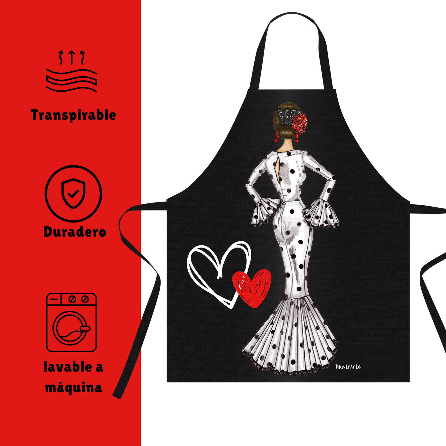 Pack Botella “María” blanco fondo rojo + Delantal “María” blanco – Diseño flamenco elegante illustrArte