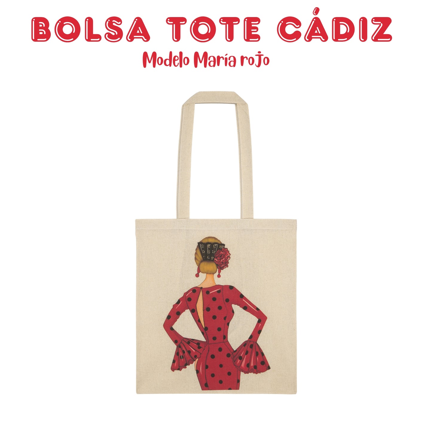 Pack Regalo Flamenca María – Botella Térmica Negra con Vestido Blanco + Bolsa Cádiz de Algodón “María Rojo”
