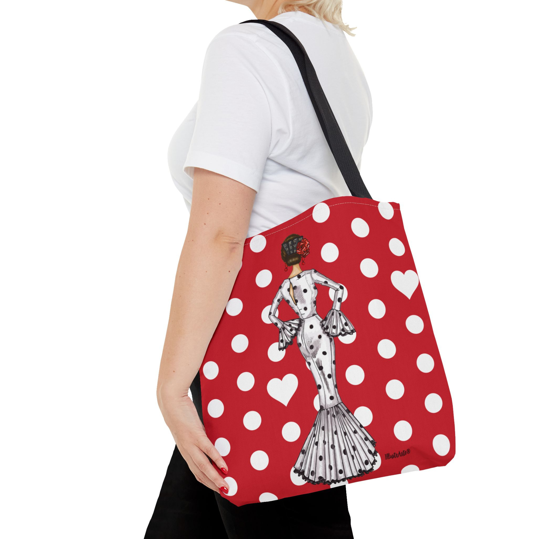 Bolsa Tote de Poliéster y Algodón 400 g/m² - Diseño Flamenca María en blanco con fondo rojo, vista frontal mostrando su ilustración vibrante.