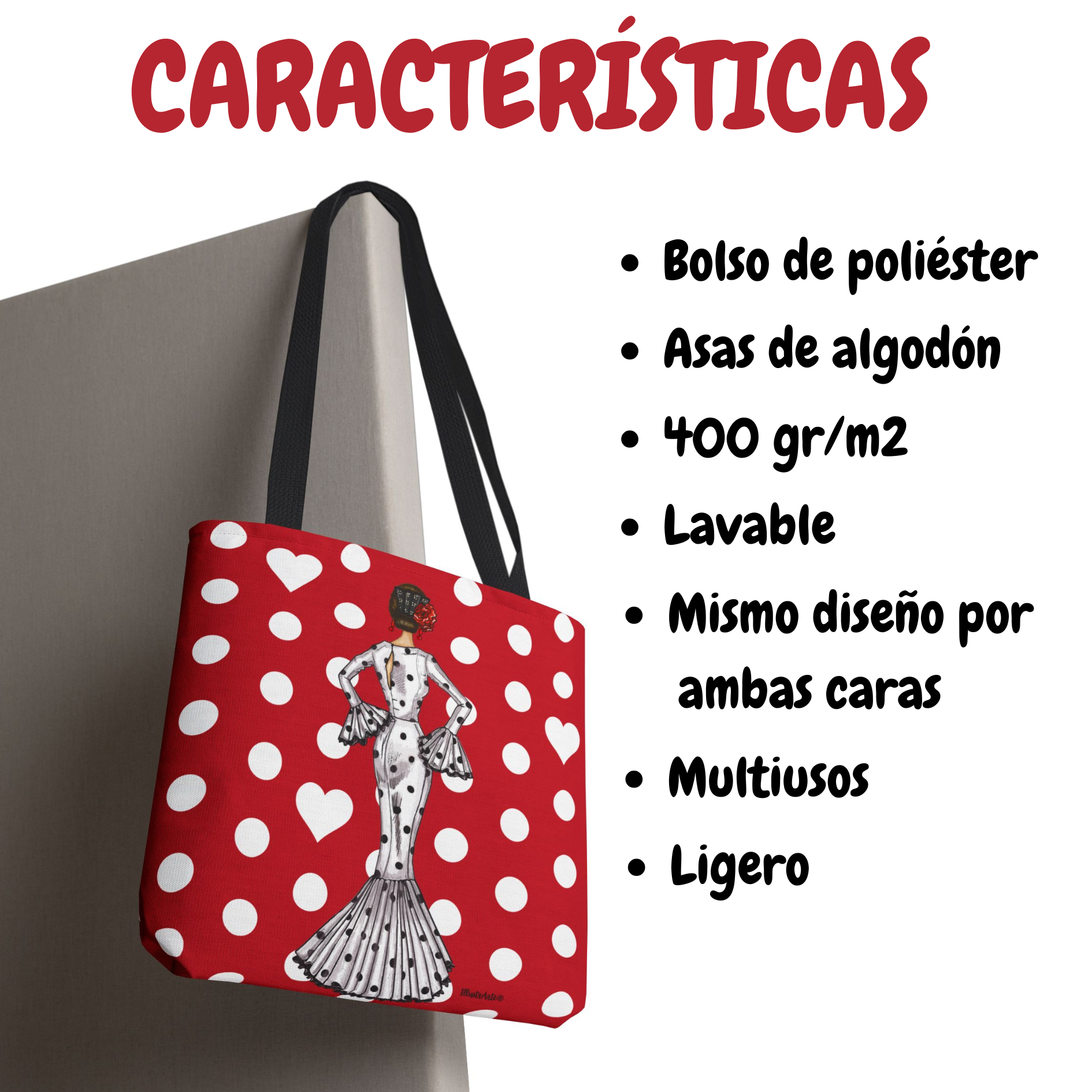 Primer plano de la impresión a doble cara de la Bolsa Tote de Poliéster y Algodón 400 g/m² - Diseño Flamenca María con corazones.