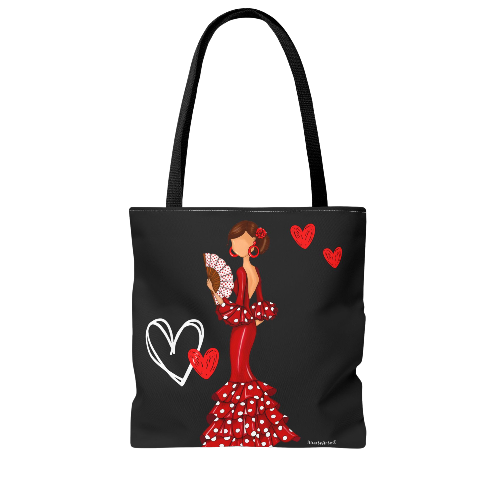 Bolsa Tote de Poliéster y Algodón 400 g/m² - Diseño Flamenca Pepa con Corazones, mostrando el bolso de frente con una bonita decoración que resalta su estilo único.