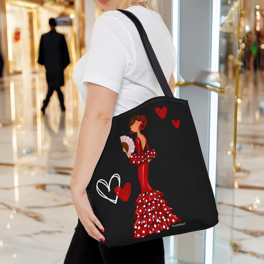 Bolsa tote flamenca de poliéster 400 g/m² de 43x43 cm - Diseño de Flamenca Pepa con corazones, perfecta para el uso diario.