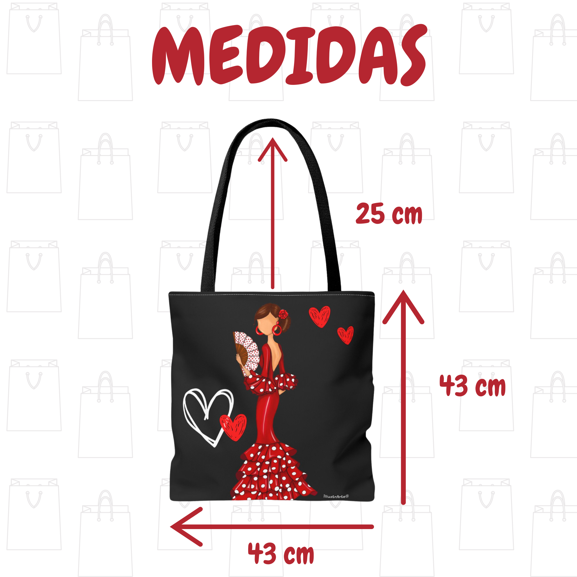 Bolsa Tote de Poliéster y Algodón 400 g/m² - Diseño Flamenca Pepa con Corazones, vista lateral que destaca las asas de 60 cm y su amplio espacio interior.