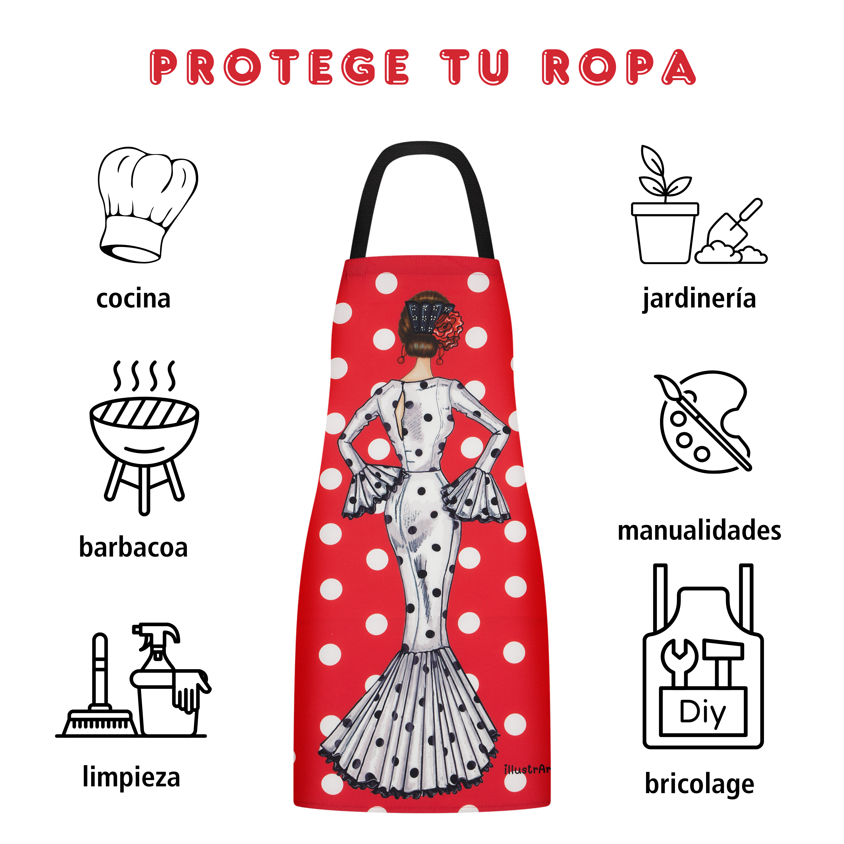 Primer plano del delantal flamenco negro de IllustrArte, mostrando el vibrante estampado en blanco y rojo, perfecto para la cocina.