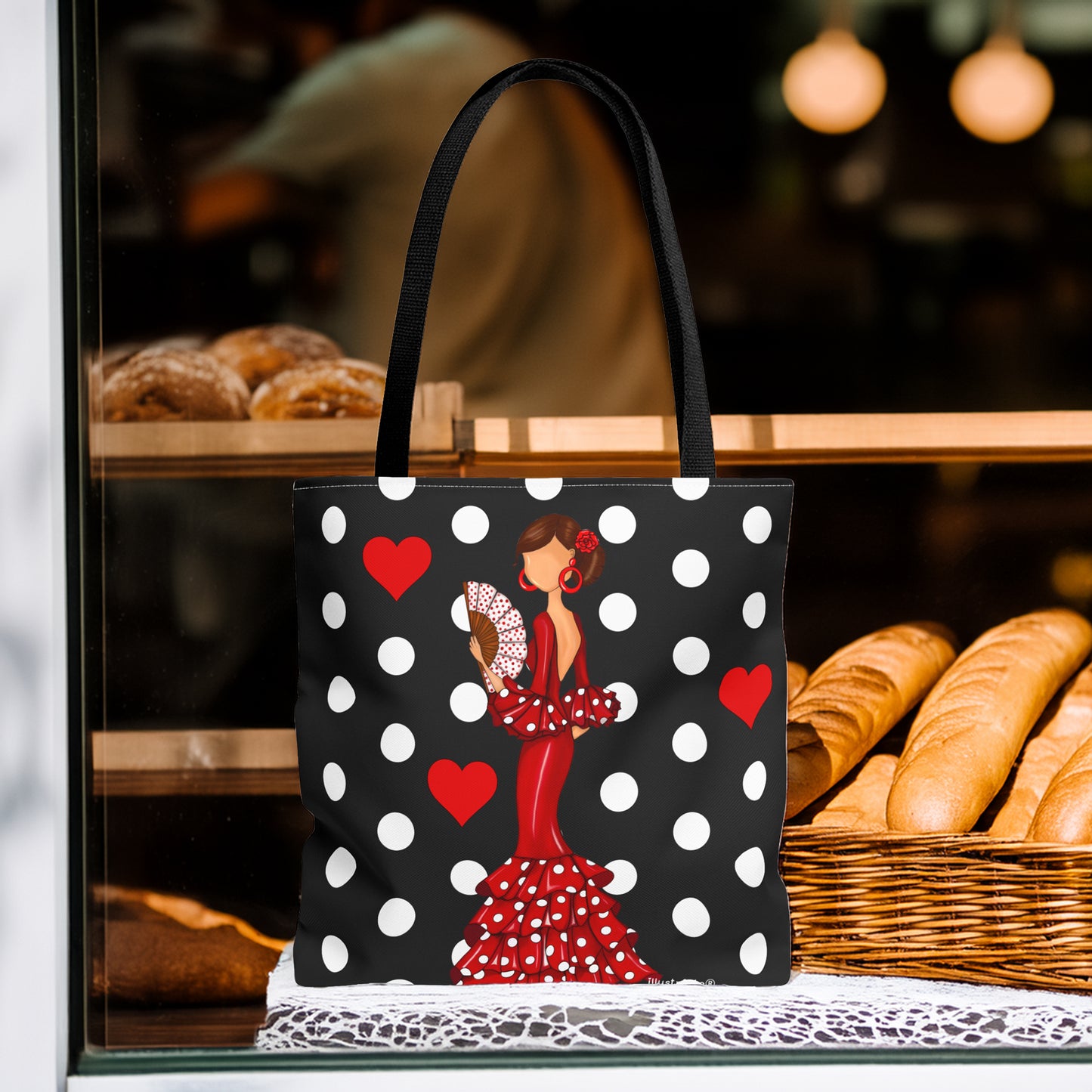 Bolsa tote de 43x43 cm, reutilizable y ligera, con diseño flamenca Pepa, ideal para la universidad y el mercado.