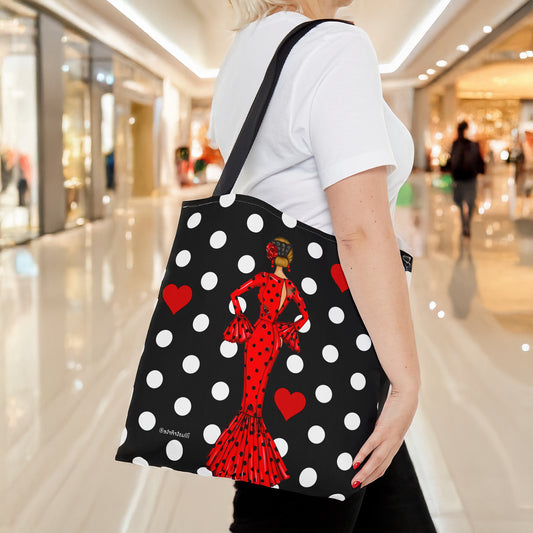 Bolsa Tote de Poliéster 400 g/m² con diseño flamenca María rojo sobre fondo negro, ideal como bolso reutilizable y resistente, perfecta para el día a día.
