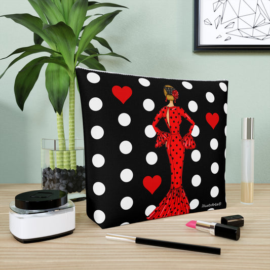 Neceser Flamenca 'María rojo' con fondo negro y lunares blancos, diseño a doble cara, ideal para viajes y aseo personal.