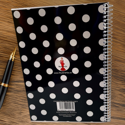 🔥 3x2 Oferta – Libreta/Cuaderno Flamenca María Rojo – 100 Páginas Cuadriculadas – 17x24 cm – Tapa Semirrígida Negra con Lunares Blancos – Papel 80 g – Diseño Ilustrado – Idea de Regalo Flamenco