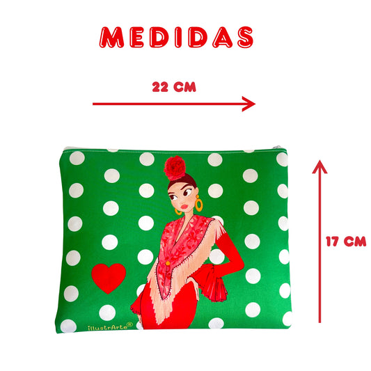 Neceser o Estuche Granada Flamenca “Lucía” – Diseño Doble Cara – Fondo Blanco con Lunares Negros – 22x17 cm – Impermeable – Bolsa de Aseo, Maquillaje o Material Escolar