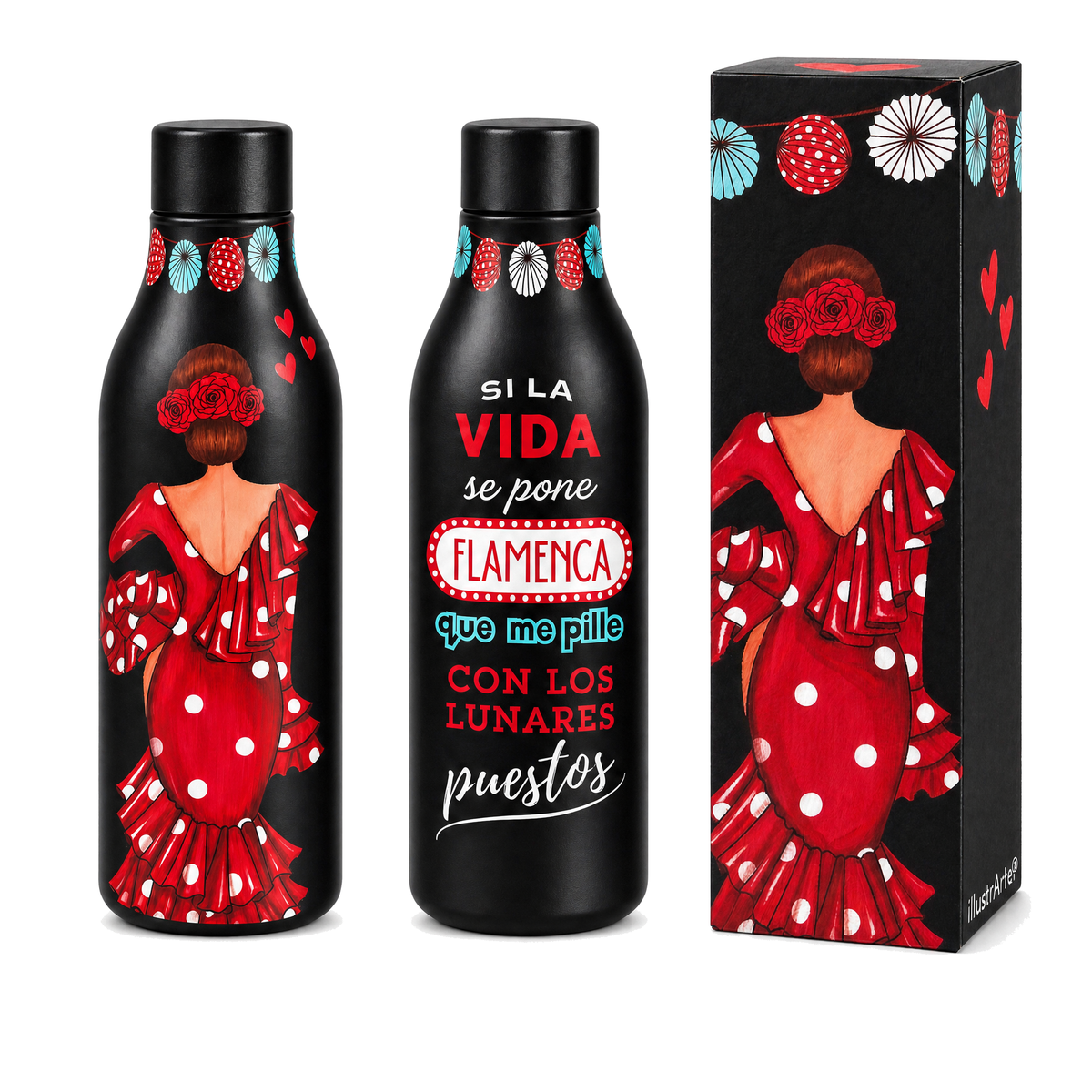 Botella térmica flamenca illustrArte 500 ml – diseño Macarena – las dos caras de la botella con su caja de regalo