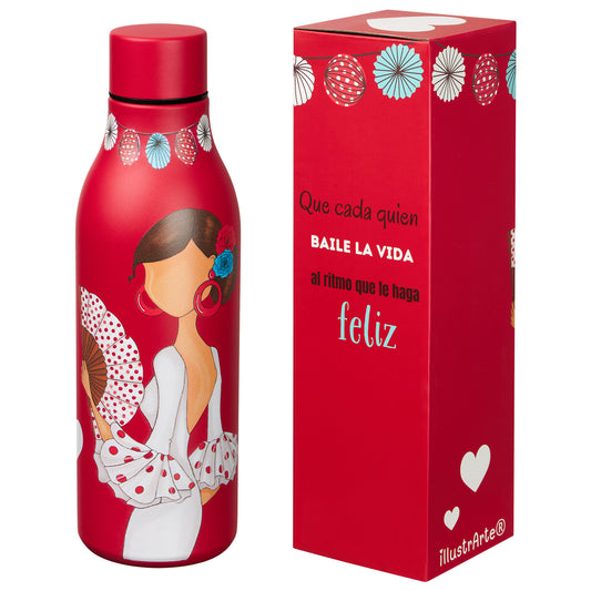 Pack Regalo Flamenca Pepa Feliz – Botella Térmica Roja con Vestido Blanco + Bolsa Cádiz “Pepa Feliz Fondo Turquesa”