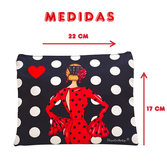 Granada “Flamenca María Blanco” Toiletry Bag or Case – Double-Sided Design – Red Background with White Polka Dots – 22x17 cm – Waterproof – Toiletry Bag, Makeup Bag or School Supplies