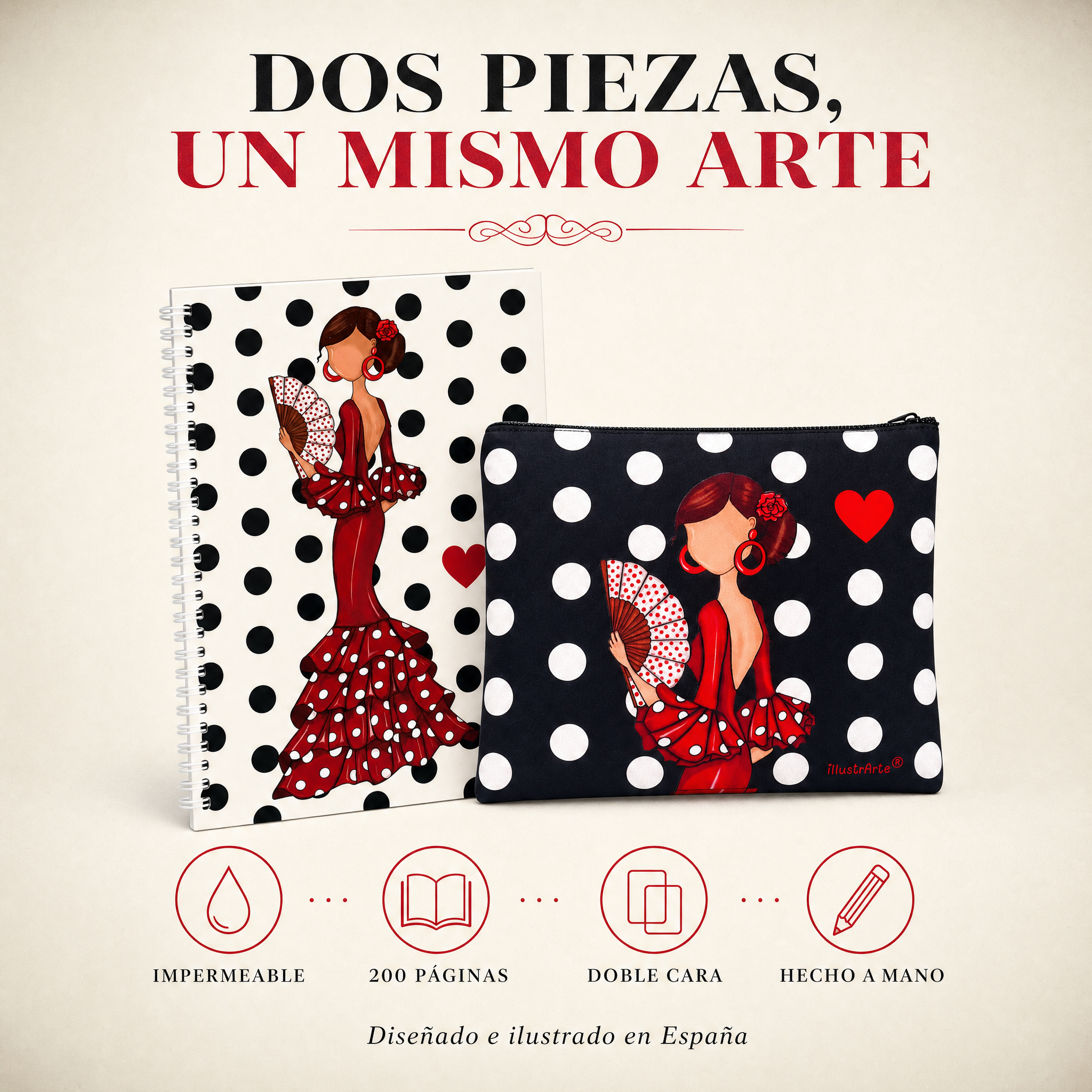 Características del pack Pepa Lunares: impermeable, 200 páginas, doble cara