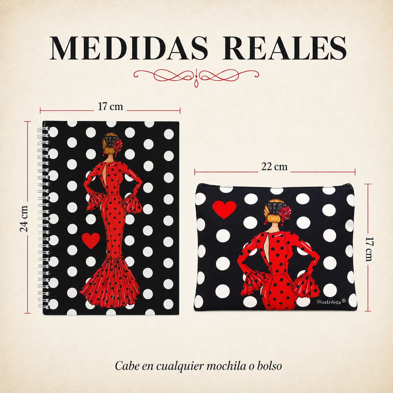 Medidas reales del estuche y la libreta, diseño María Rojo Lunares