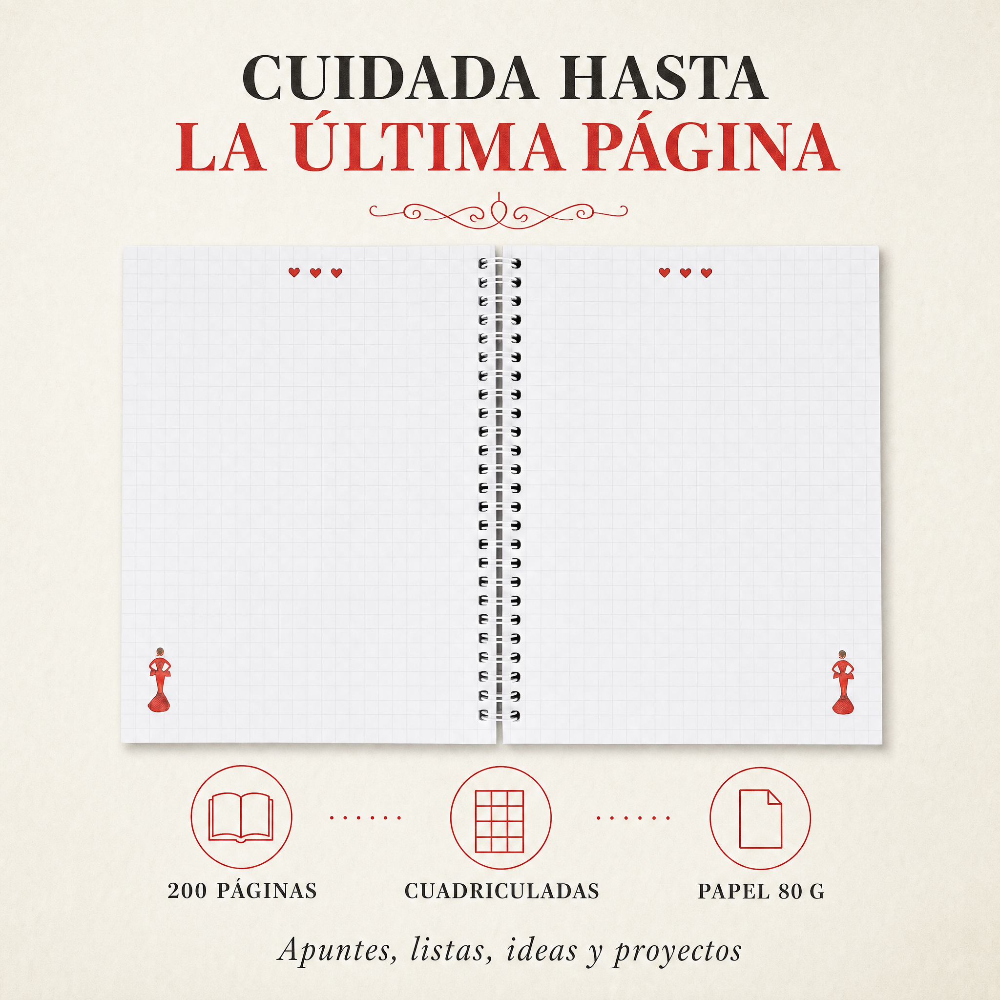 Interior de la libreta con 200 páginas cuadriculadas, diseño María Rojo Lunares