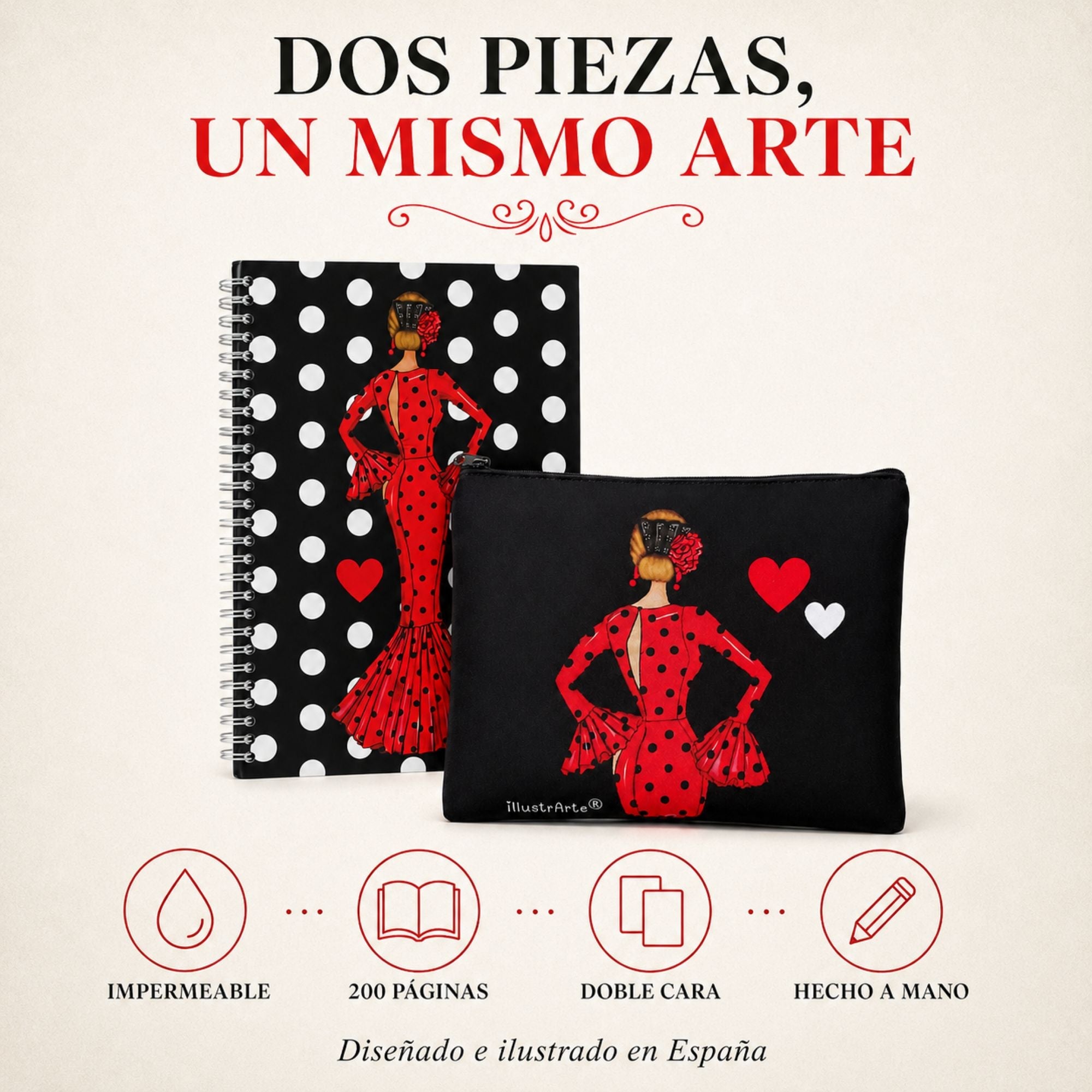 Características del pack María Rojo Liso: impermeable, 200 páginas, doble cara