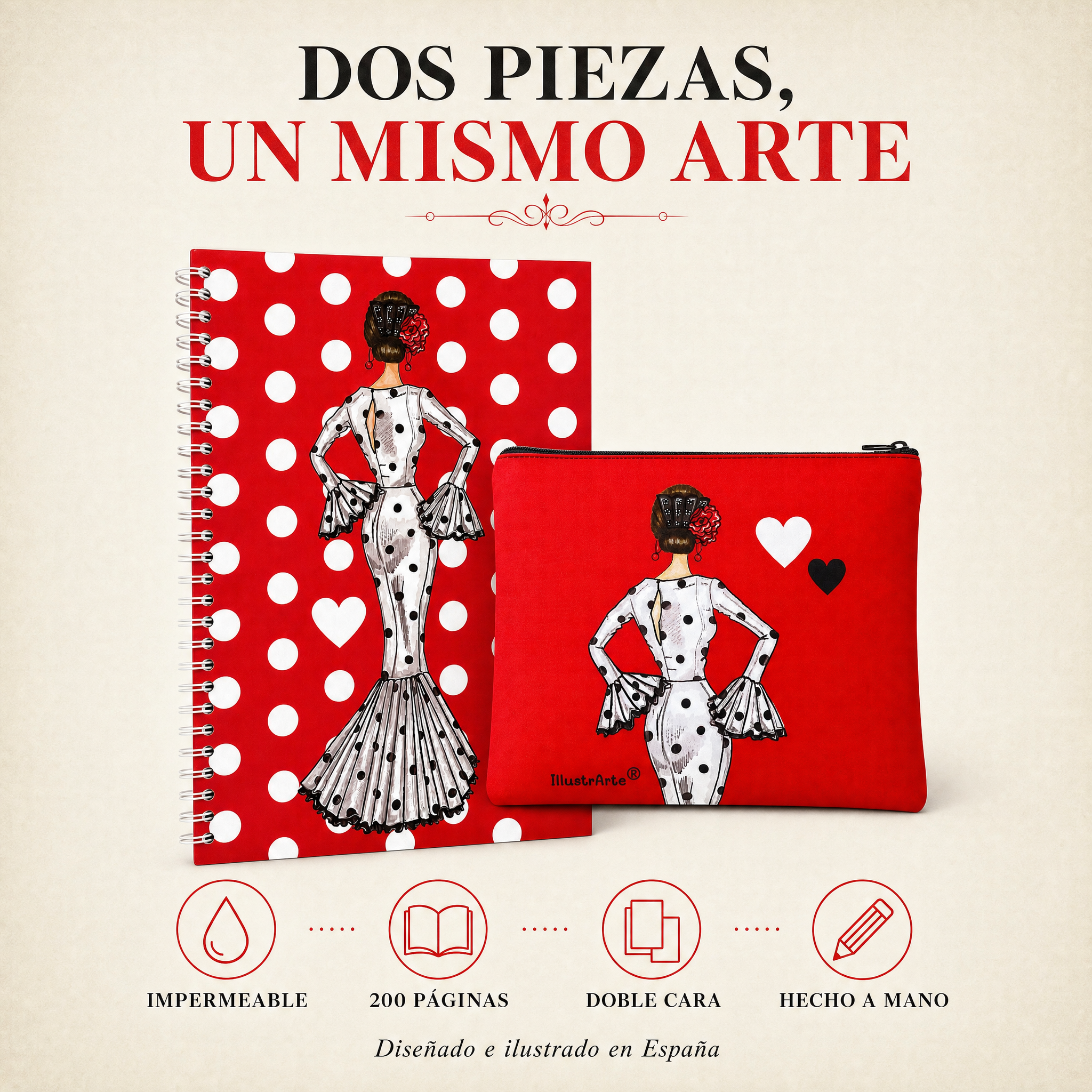 Características del pack María Blanco Fondo Rojo: impermeable, 200 páginas, doble cara