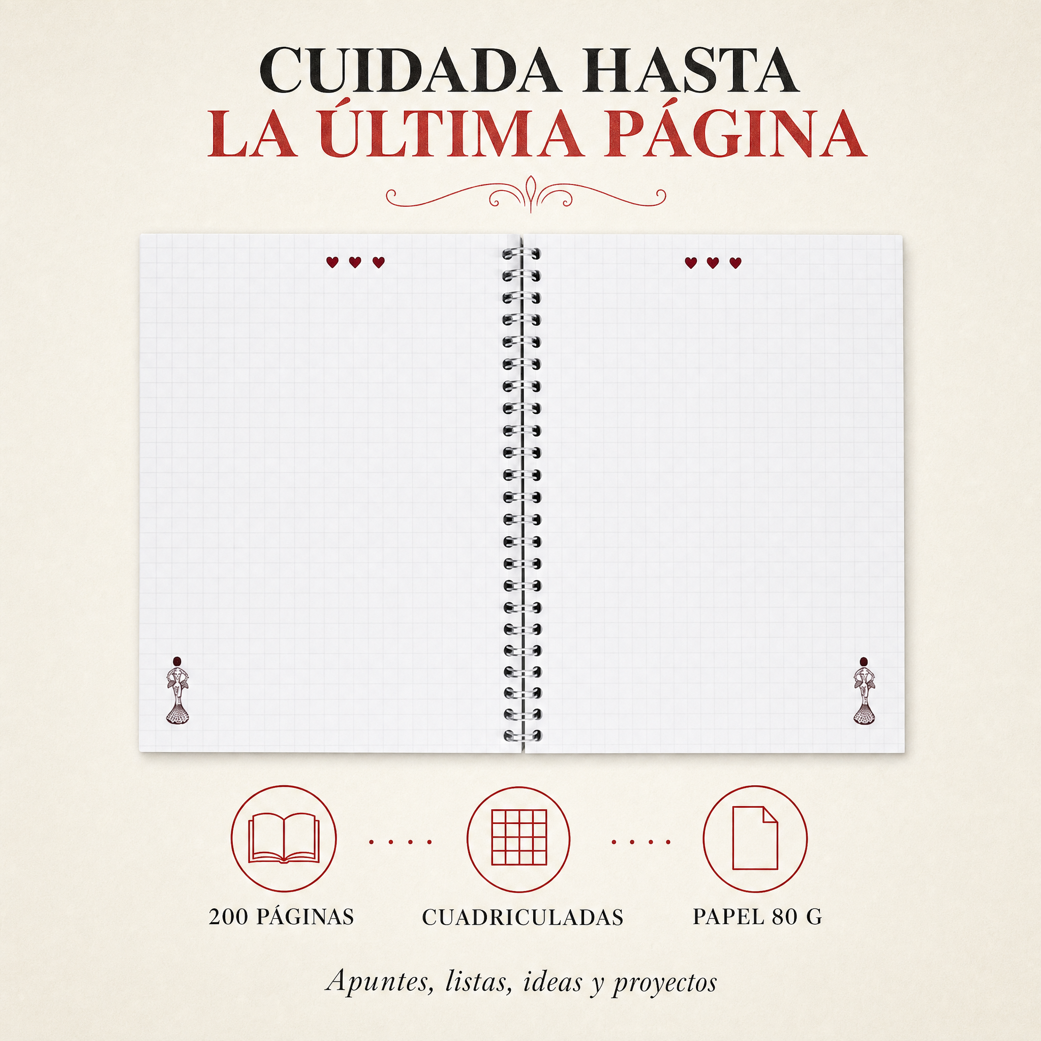 Interior de la libreta con 200 páginas cuadriculadas, diseño María Blanco Fondo Rojo