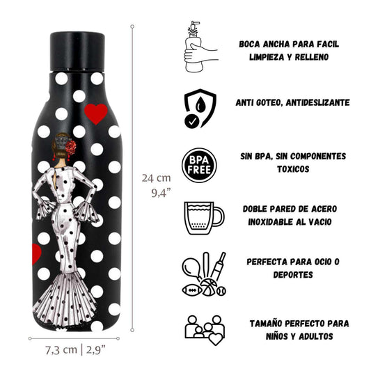 Pack Botella “María” blanco fondo rojo + Delantal “María” blanco – Diseño flamenco elegante illustrArte
