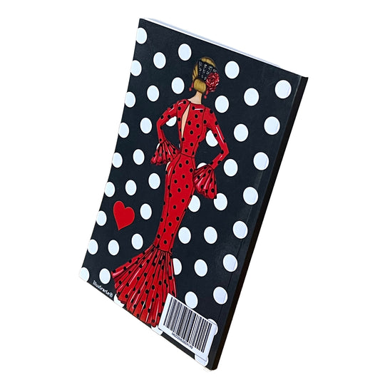 Cuaderno Flamenco “María – Fondo Negro con Lunares Blancos” – 6×9” (15,24×22,86 cm) – 120 Páginas Rayadas – Diseño illustrArte