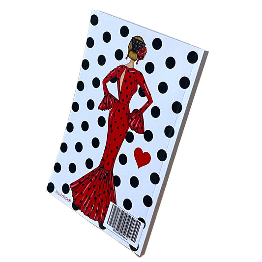 Cuaderno Flamenco “María – Fondo Blanco con Lunares Negros” – 6×9” (15,24×22,86 cm) – 120 Páginas Rayadas – Diseño illustrArte