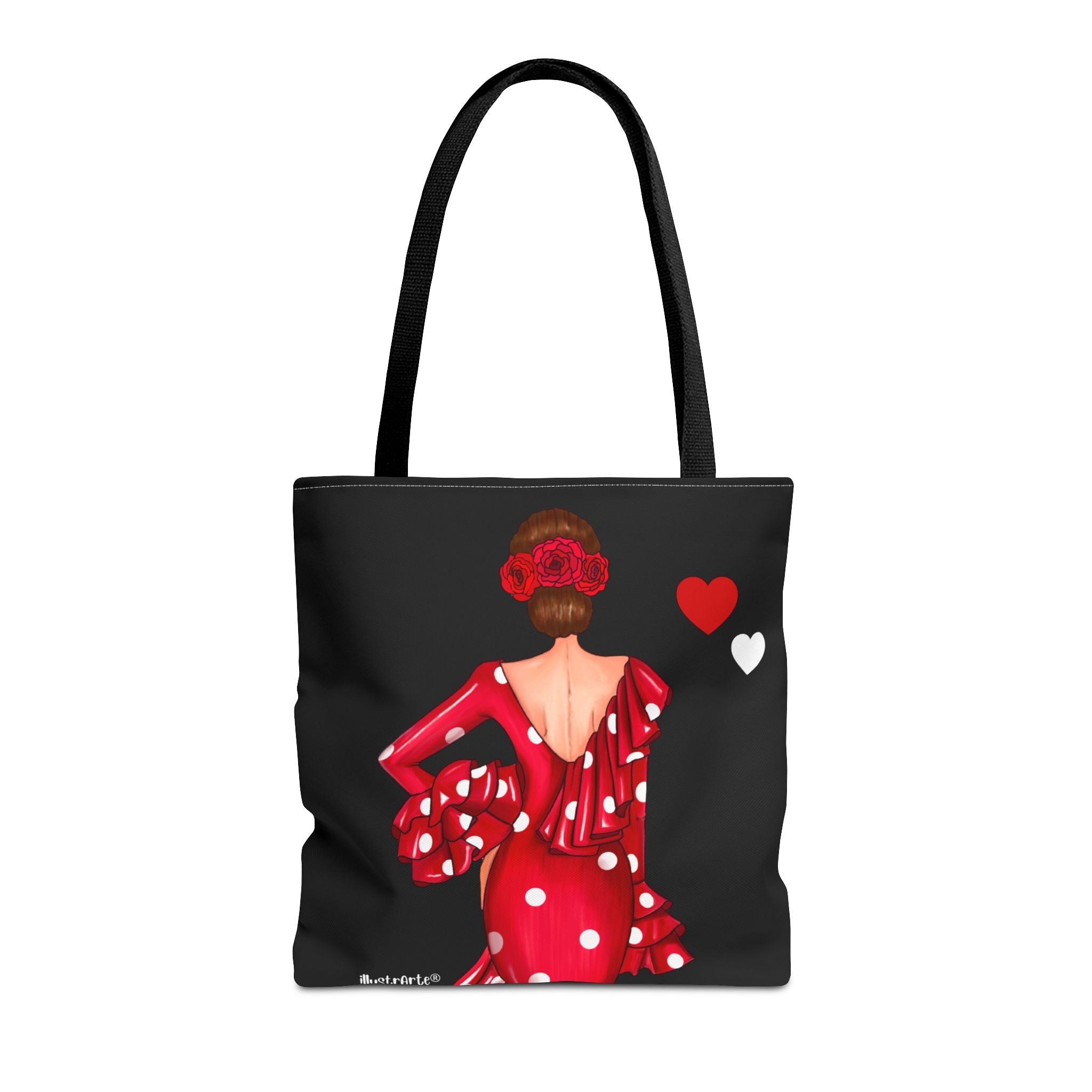 👜 illustrArte Bolsa Tote Málaga Colección Flamencas | Poliéster 400 g/m² (43 x 43 cm) | Impresión a Doble Cara | Asas de 60 cm | Bolso Shopper Resistente