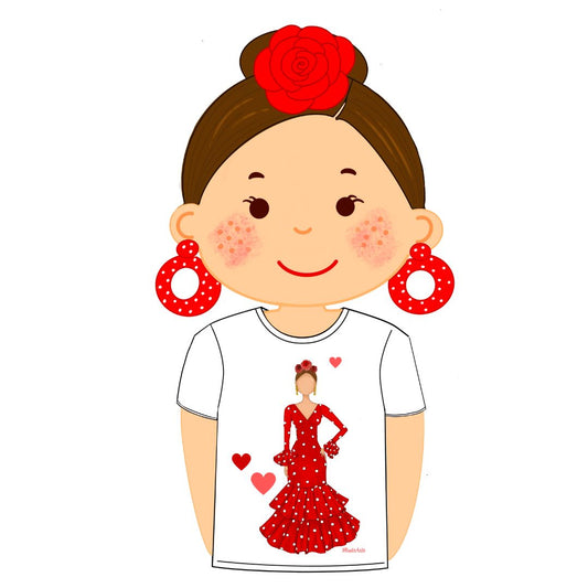 Camiseta justa de flamenco 100% algodão orgânico - Modelo María com vestido branco