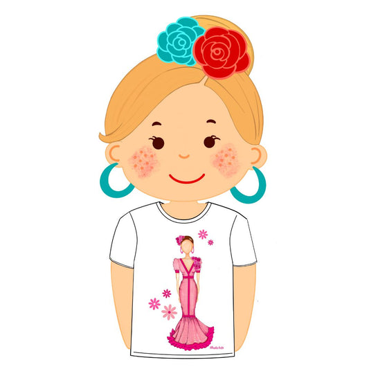 Camiseta justa de flamenco 100% algodão orgânico - Modelo María com vestido branco