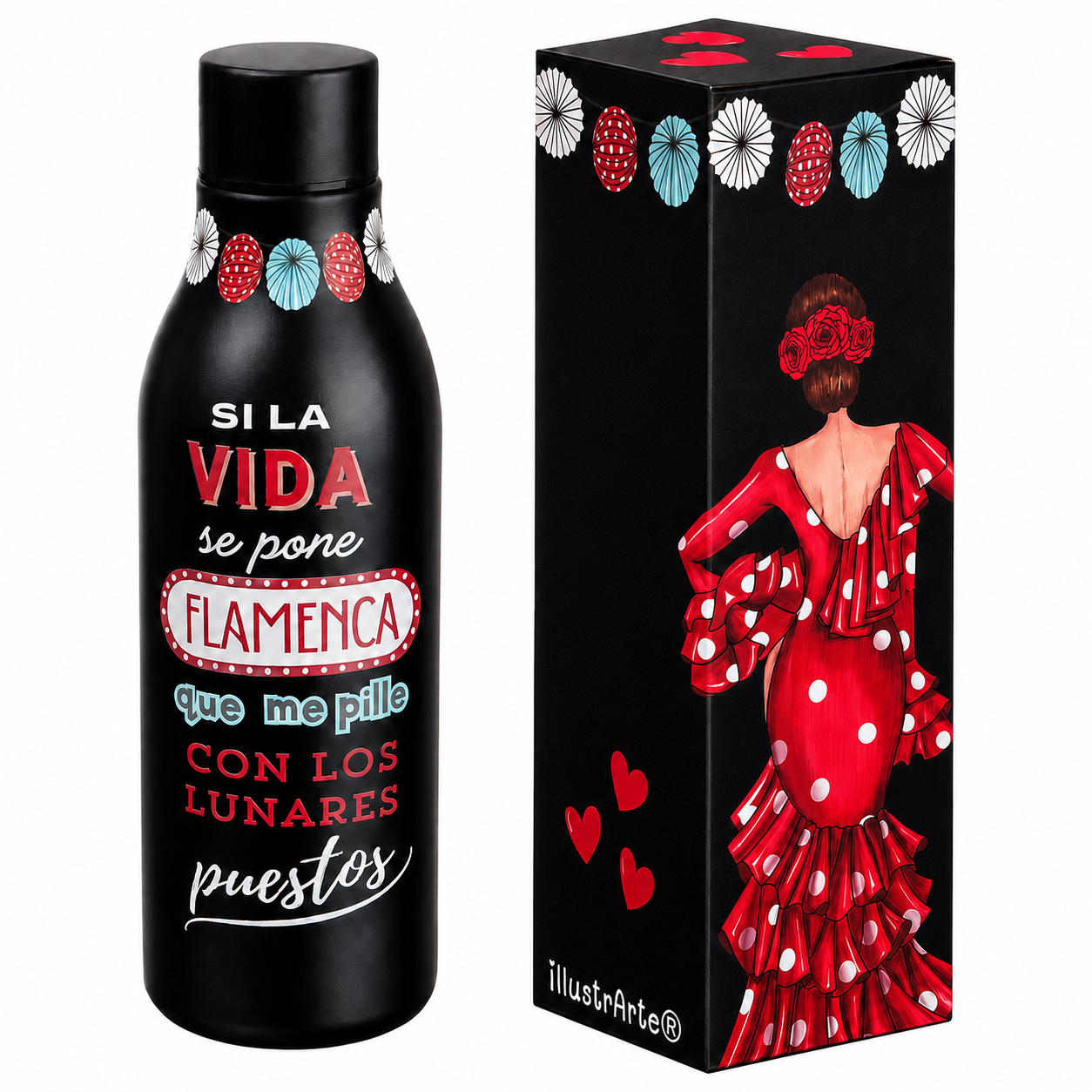 Botella térmica illustrArte 500 ml – diseño Macarena, reverso con la frase «Si la vida se pone flamenca» – vista 2