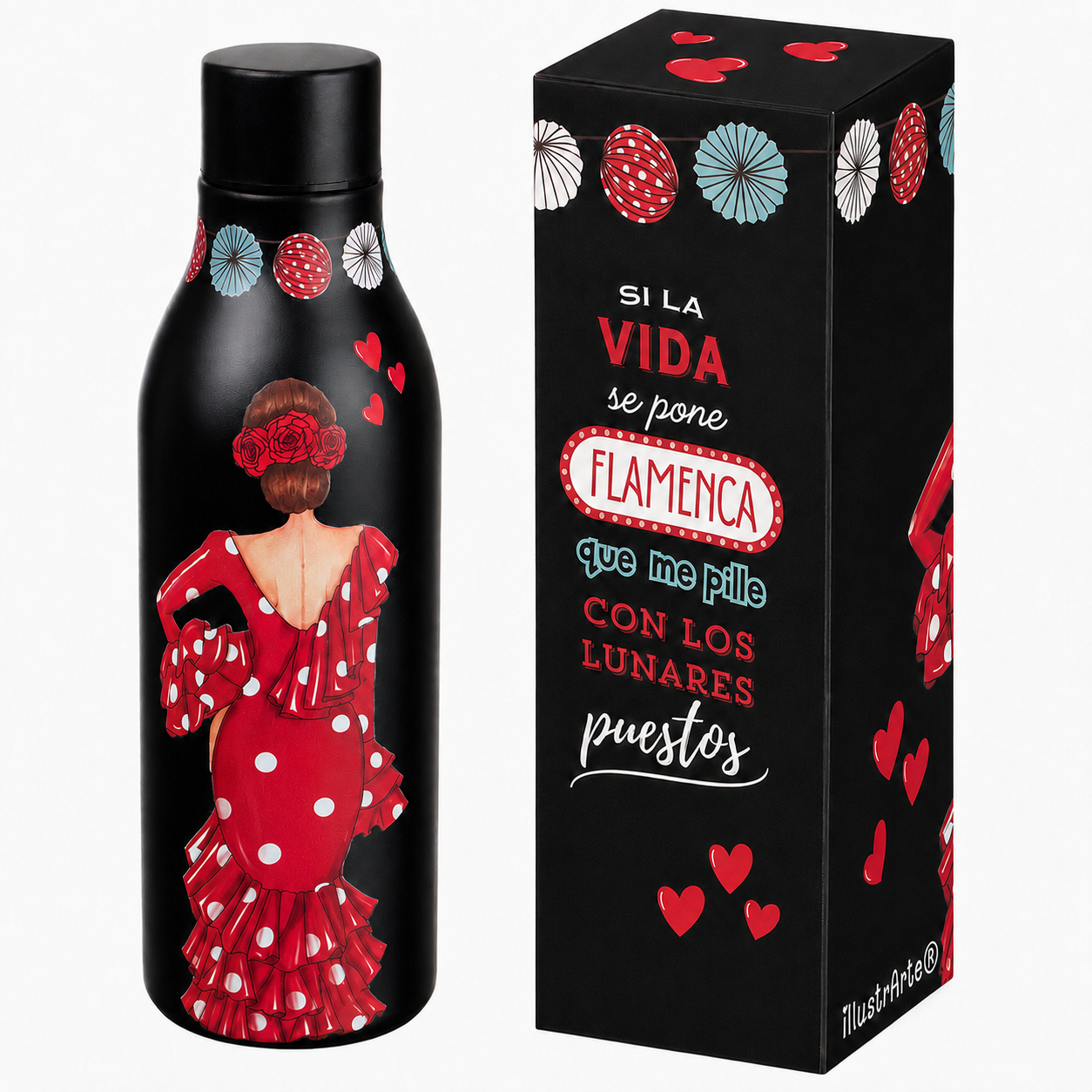 Botella térmica de acero inoxidable illustrArte 500 ml – diseño Macarena, flamenca de lunares, con caja de regalo a juego