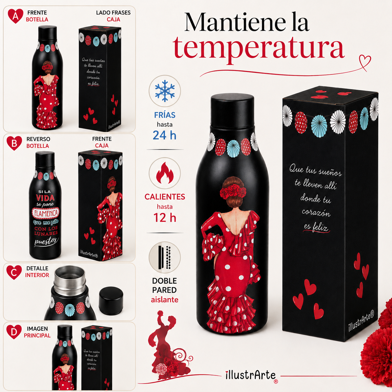 Botella térmica illustrArte 500 ml – diseño Macarena – mantiene las bebidas frías hasta 24 h y calientes hasta 12 h – vista 3