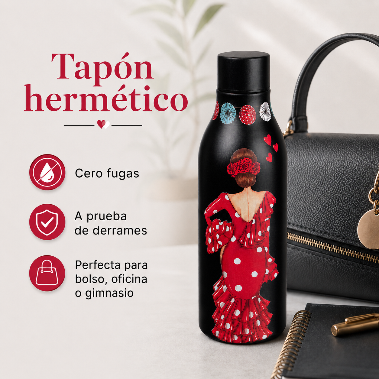 Botella térmica illustrArte 500 ml – diseño Macarena – tapón hermético, cero fugas y a prueba de derrames – vista 4