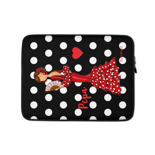 Customizable Laptop Sleeve - Flamenco Pepa, black background with white polka dots